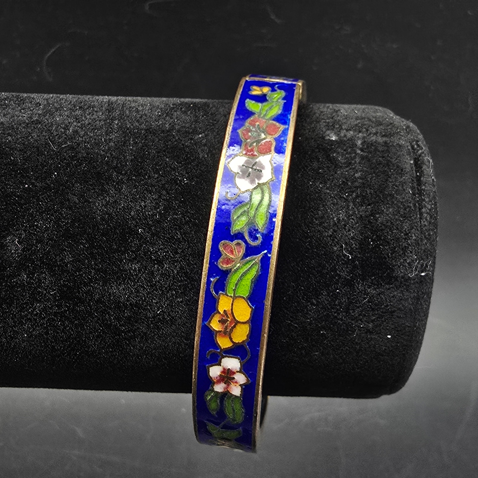 Blue Cloisonne Floral Hinged Bangle Bracelet Vintage Jewelry